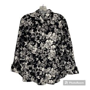Foxcroft Black and White Leaves Button Down Shirt size 18
